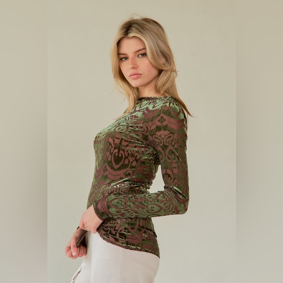 🟠 100B. Mesh Velour Long Sleeve Top - Green - Picture 1 of 2